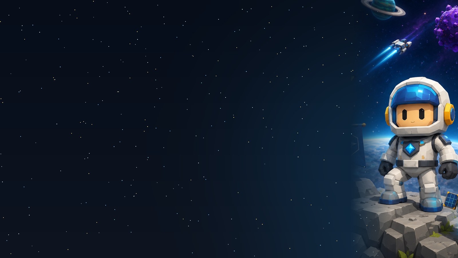 Starwatch Commander astronaut on a low-poly world with planets and a nebula behind
